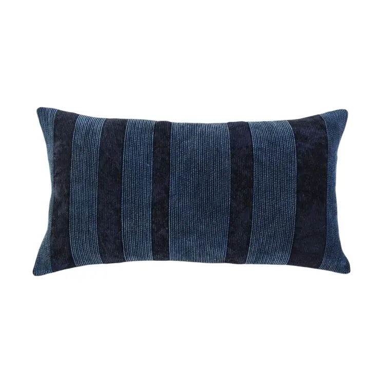 14" X 26" Navy Blue Lumbar Striped Cotton Throw Pillow