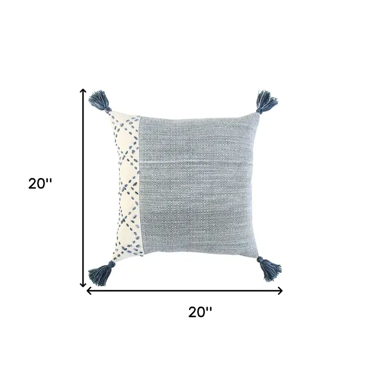 20" Blue and Ivory Herringbone Cotton Throw Pillow With Tassels