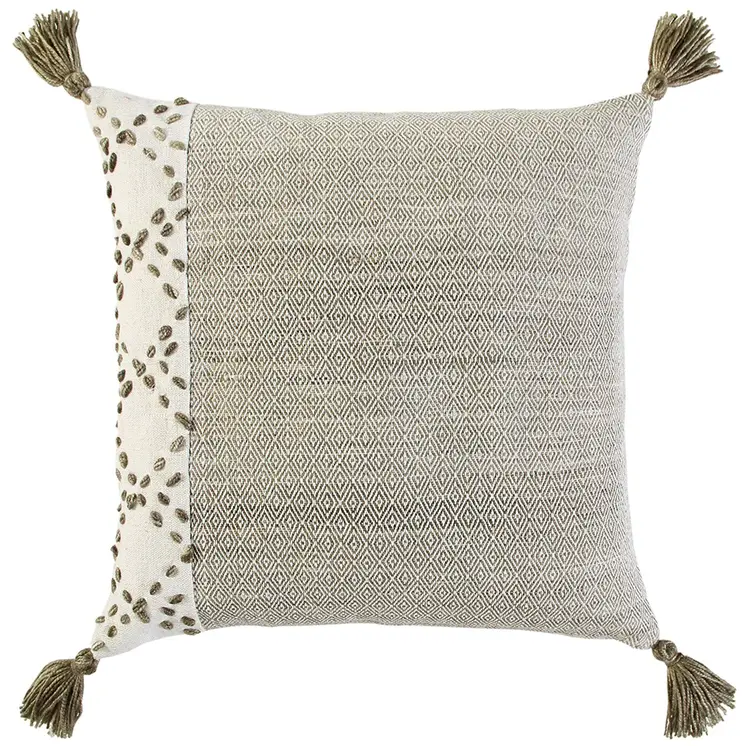 20" Taupe and Ivory Herringbone Cotton Throw Pillow With Tassels