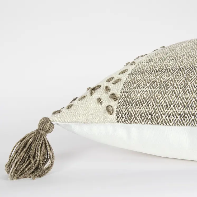 20" Taupe and Ivory Herringbone Cotton Throw Pillow With Tassels