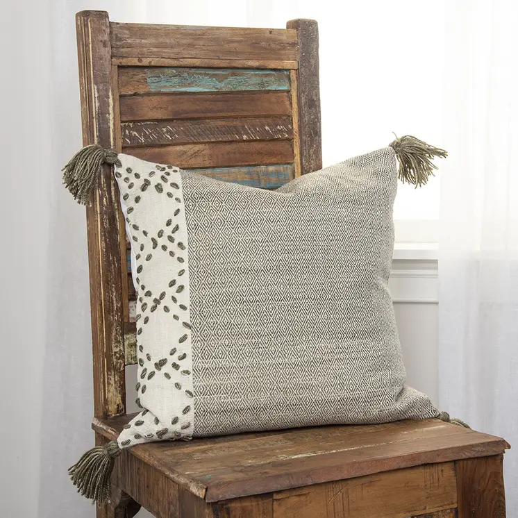 20" Taupe and Ivory Herringbone Cotton Throw Pillow With Tassels
