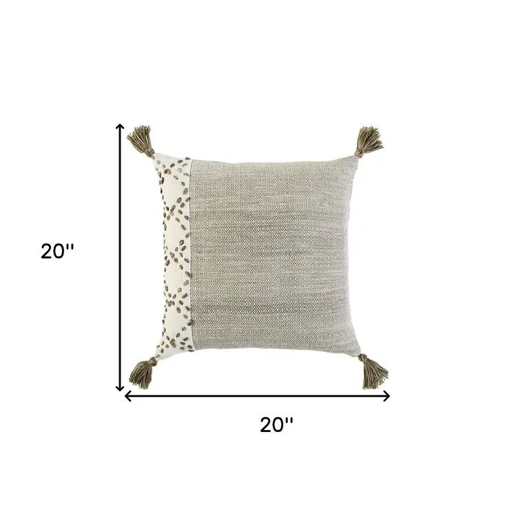 20" Taupe and Ivory Herringbone Cotton Throw Pillow With Tassels
