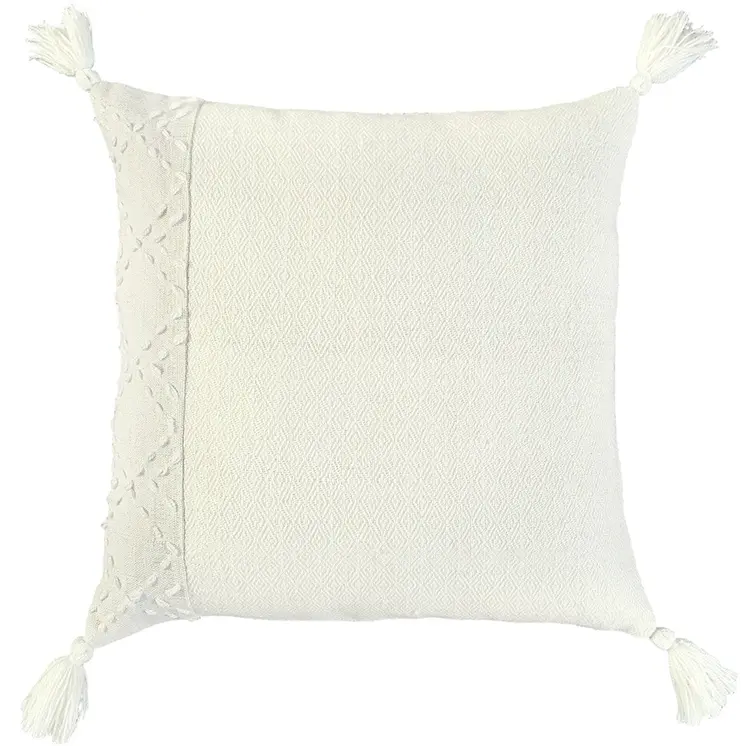 20" Ivory Herringbone Cotton Throw Pillow With Tassles