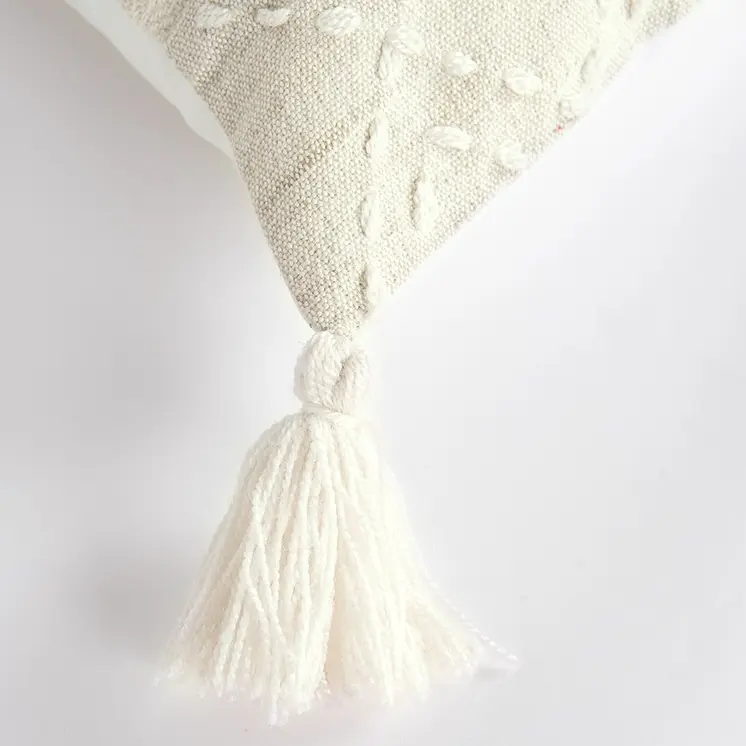 20" Ivory Herringbone Cotton Throw Pillow With Tassles
