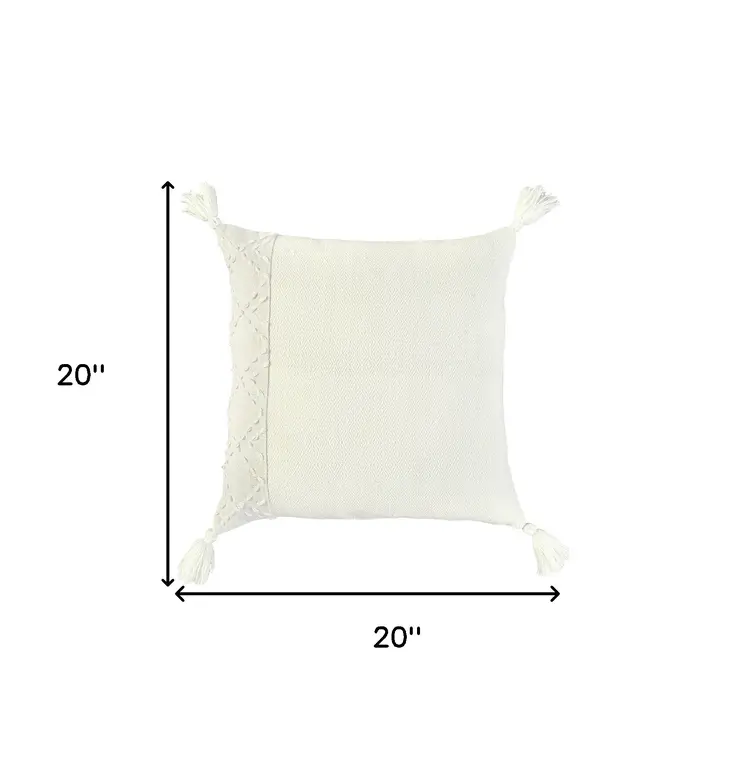 20" Ivory Herringbone Cotton Throw Pillow With Tassles
