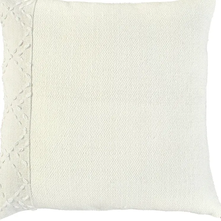 20" Ivory Herringbone Cotton Throw Pillow With Tassles