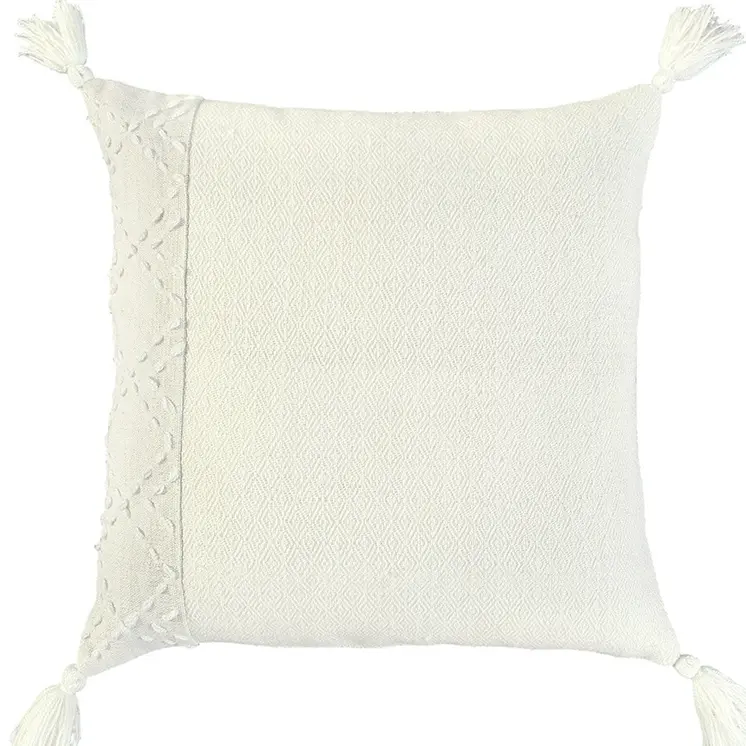 20" Ivory Herringbone Cotton Throw Pillow With Tassles