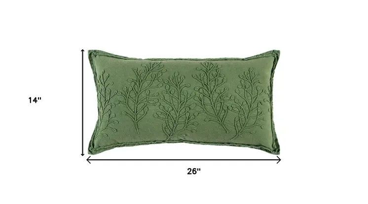 14" X 26" Green Tone on Tone Botanical Throw Pillow With Embroidery