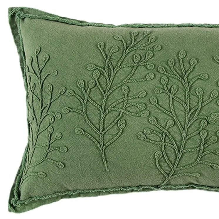 14" X 26" Green Tone on Tone Botanical Throw Pillow With Embroidery
