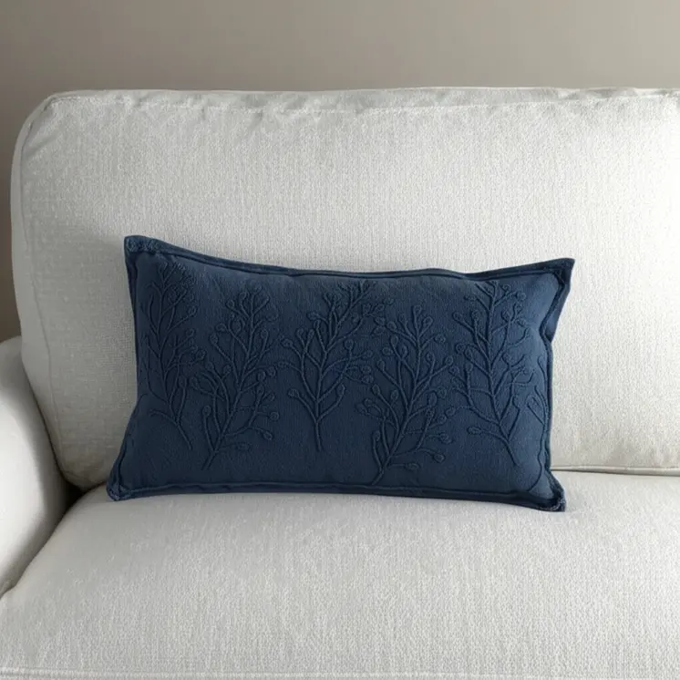 14" x 26" Navy Botanical Pattern Embroidered Lumbar Pillow