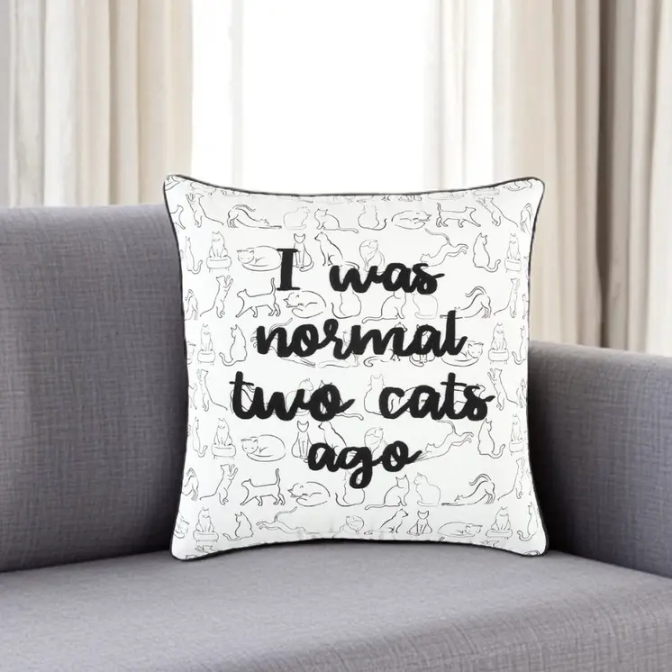 20" White And Black Cotton Whimsical Cat Throw Pillow