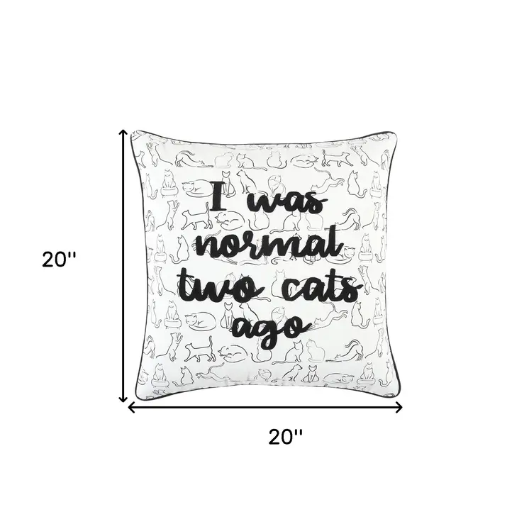 20" White And Black Cotton Whimsical Cat Throw Pillow