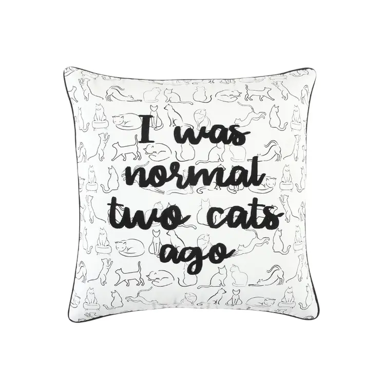 20" White And Black Cotton Whimsical Cat Throw Pillow