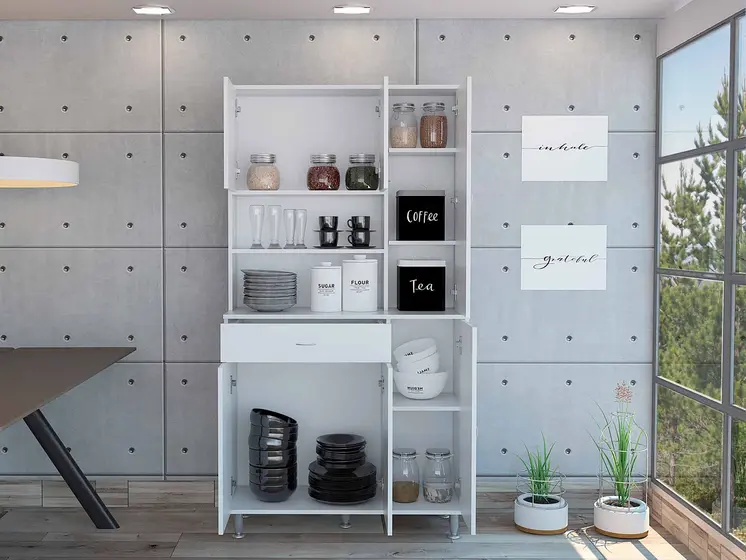 67" White Pantry Cabinet with Five Storage Shelves