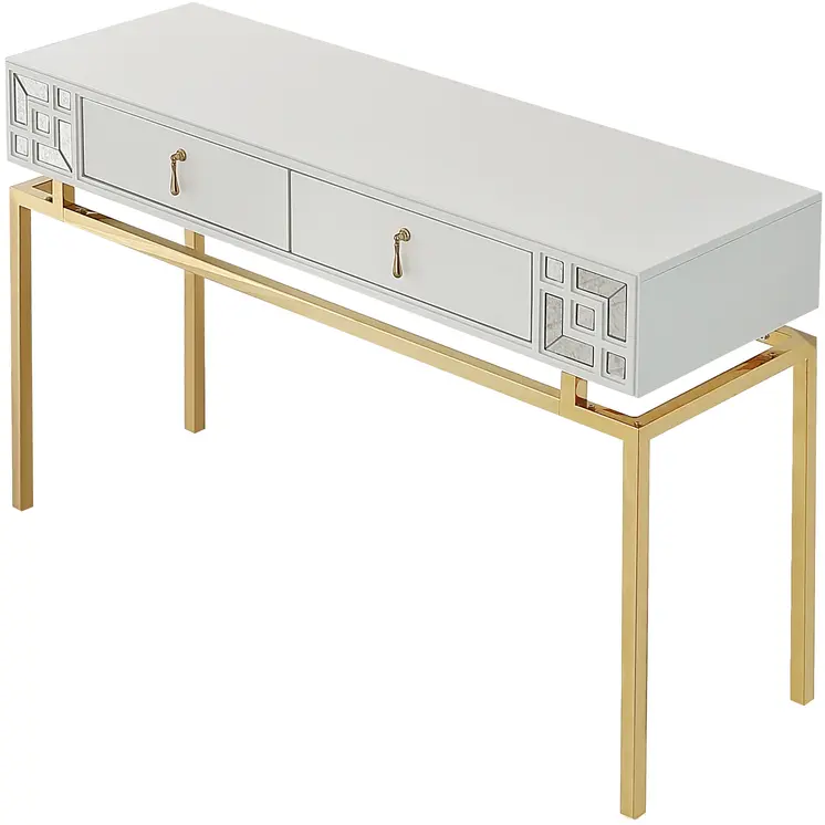 47" White and Gold Wood Console Table With Two Drawers