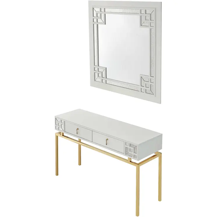 47" White and Gold Mirrored Wood Console Table With Two Drawers