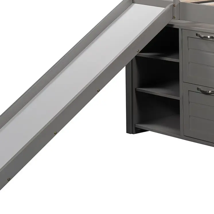Gray Twin Size Low Loft Bed With Cabinets and Slide