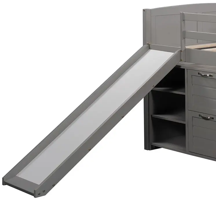 Gray Twin Size Low Loft Bed With Cabinets and Slide