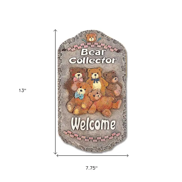 13" X 8" Gray Brown And Cream Bear Welcome Resin Wall Decor