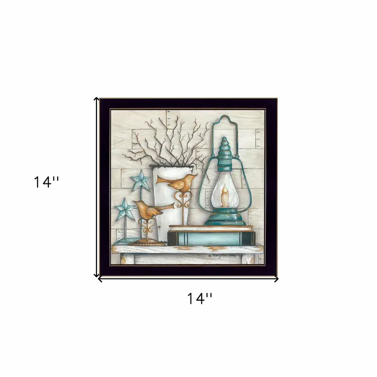 Lantern on Books 1 Black Framed Print Wall Art