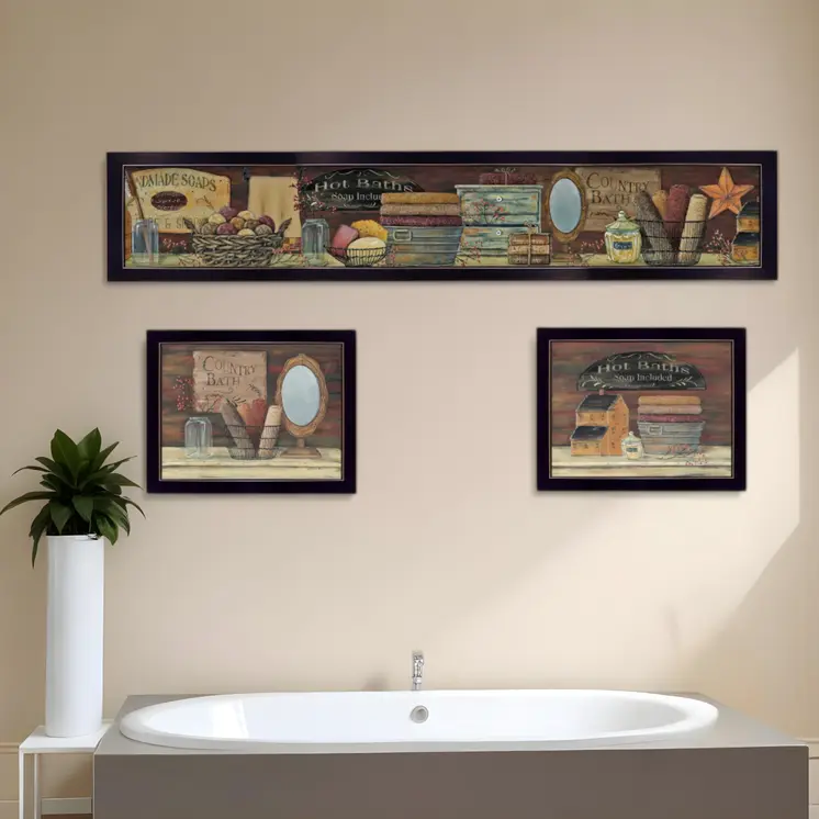 Set Of Three COUNTRY BATH II 6 Black Framed Print Bathroom Wall Art
