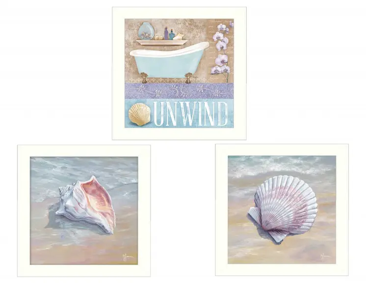 Set Of Three Shells II White Framed Print Bathroom Wall Art