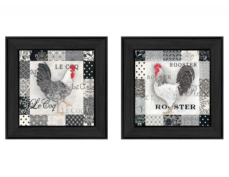 Set Of Two Rooster I Black Framed Print Wall Art