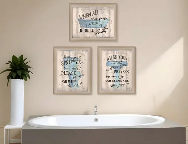 Set Of Three Humorous Brown Framed Print Bathroom Wall Art