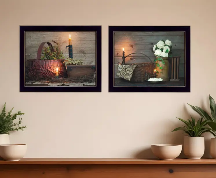 Set Of Two Baskets and Flowers Black Framed Print Wall Art