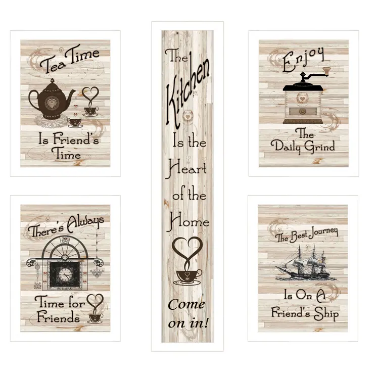 Set Of Five Kitchen Friendship 4 White Framed Print Kitchen Wall Art
