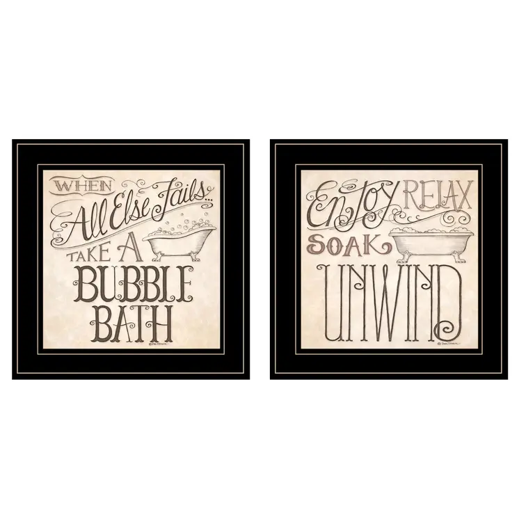 Set Of Two Soak and Unwind 3 Black Framed Print Bathroom Wall Art