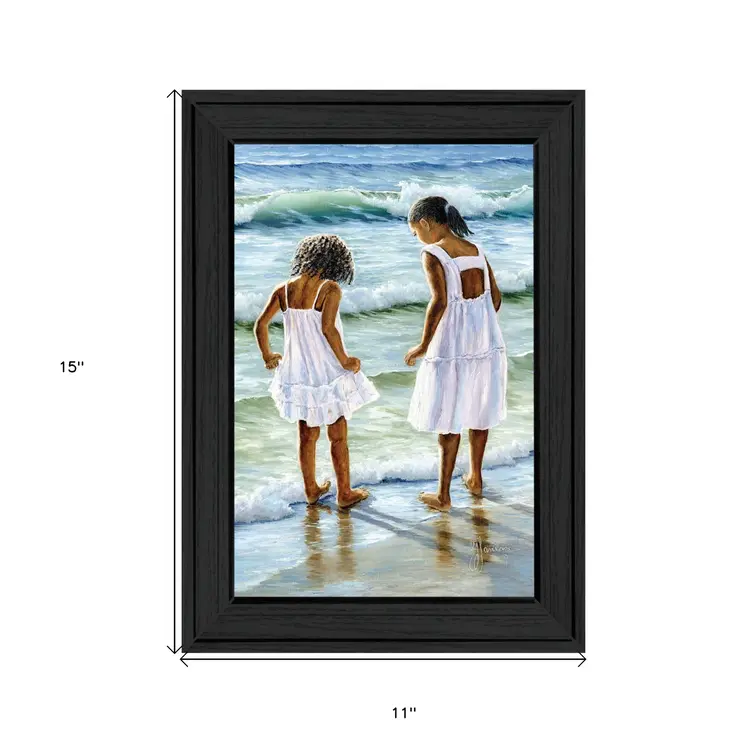 Two Girls at the Beach 3 Black Framed Print Wall Art