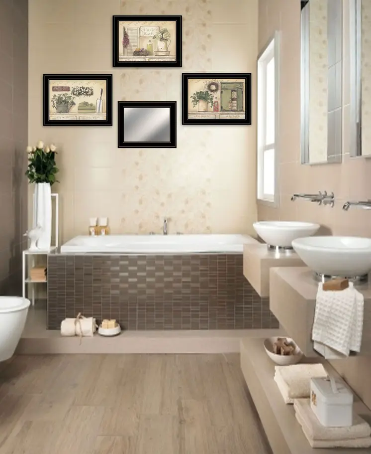 Set Of Four Garden Bath Black Framed Bathroom Wall Art And Mirror
