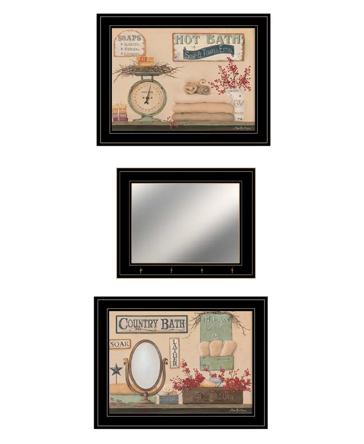 Set Of Three Wash Room Black Rim Frame Bathroom Wall Art with Hooks