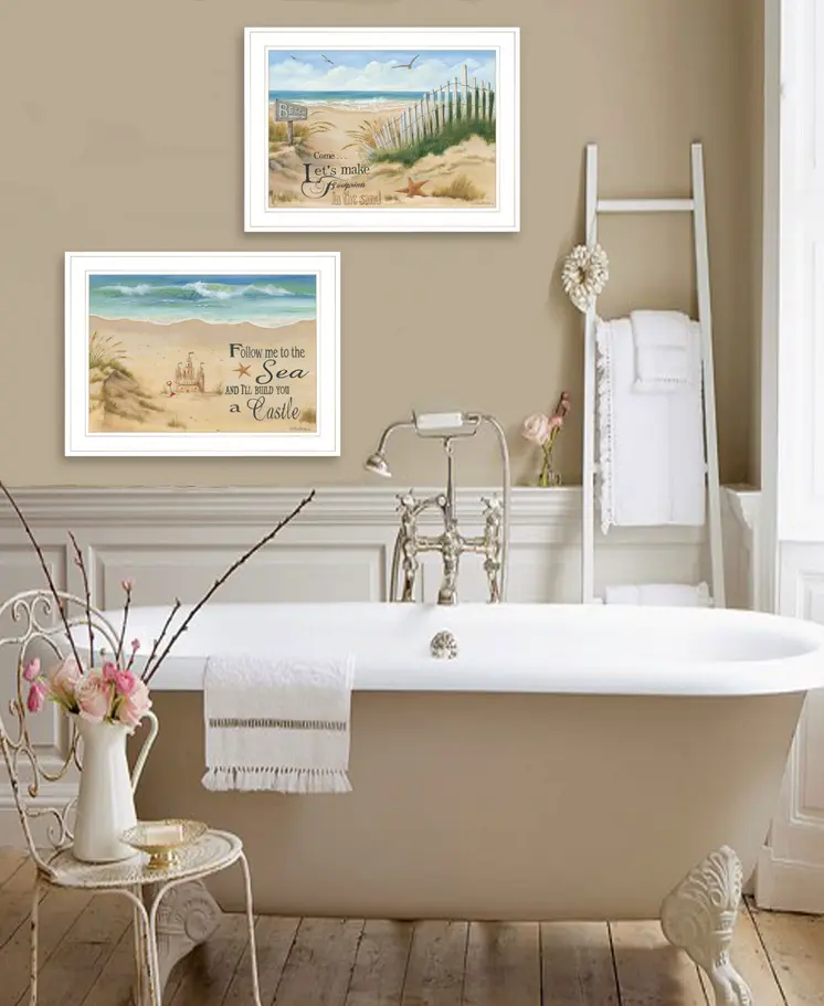 Set Of Two Sand Castle and Footprints 2 White Framed Print Wall Art