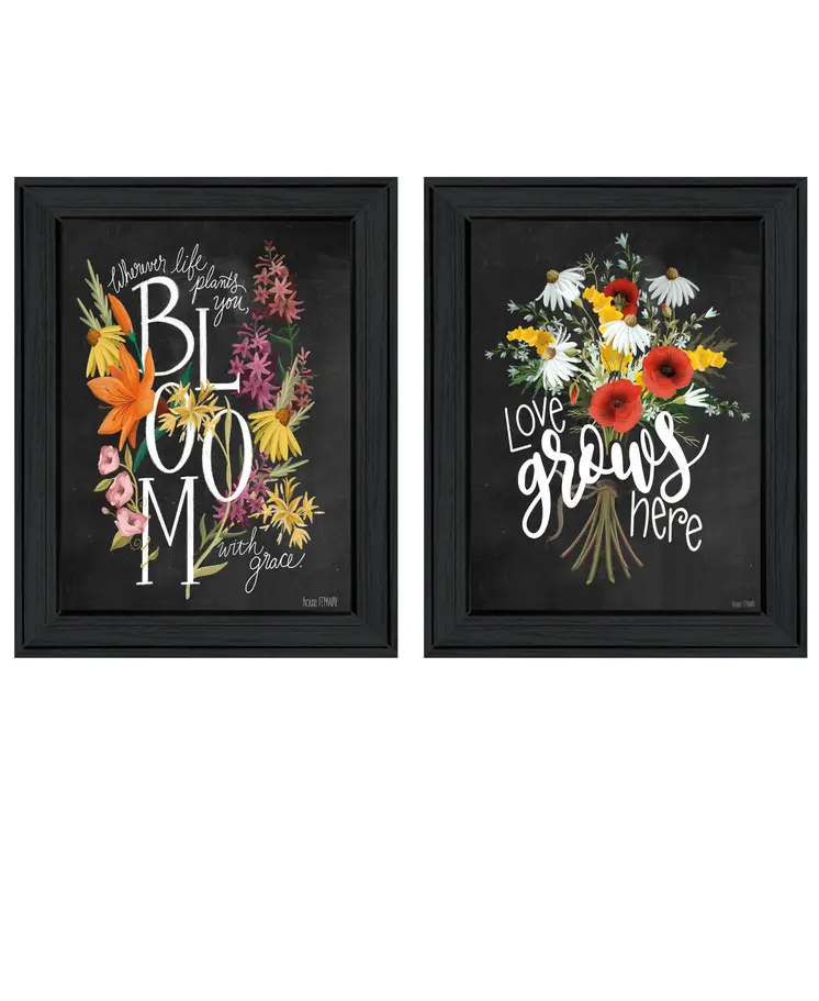 Set Of Two Love Grows Here Black Framed Print Wall Art