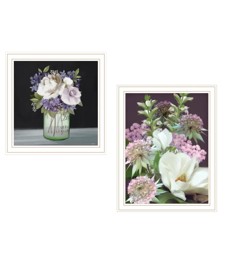 Set Of Two Lilac and Wild Plum Bouquet White Framed Print Wall Art