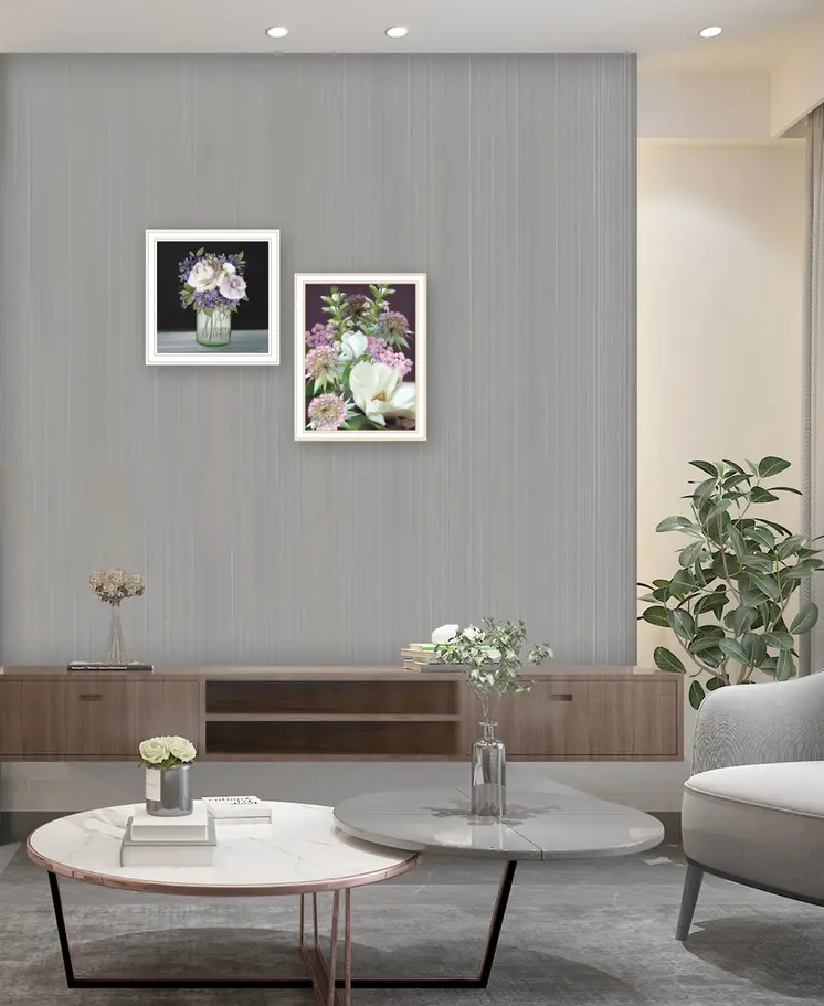 Set Of Two Lilac and Wild Plum Bouquet White Framed Print Wall Art