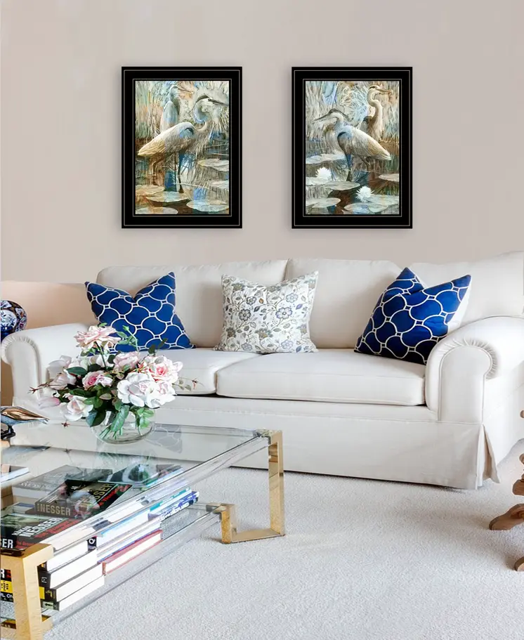 Set Of Two Marsh Herons I and Sea II Black Framed Print Wall Art