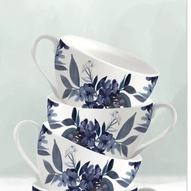 Set Of Two Tea tower with Cups and Sauces White Framed Print Kitchen Wall Art