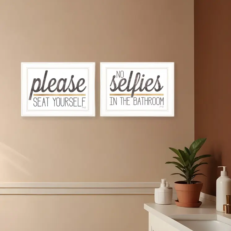 Set Of Two No Selfies When Seated 1 White Framed Print Bathroom Wall Art