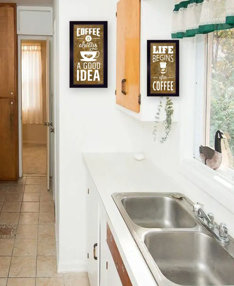 Set Of Two Life Begins and Ends With Coffee Black Framed Print Wall Art