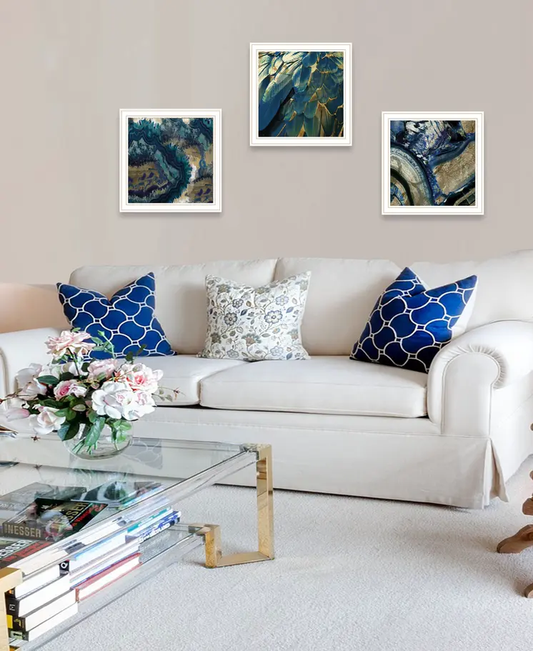 Set Of Three Deep Blue 2 White Framed Print Wall Art