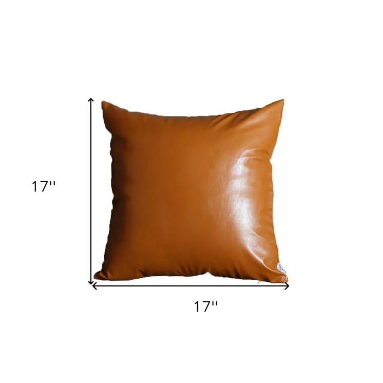 Set of Four 17" Brown Faux Leather Throw Pillows