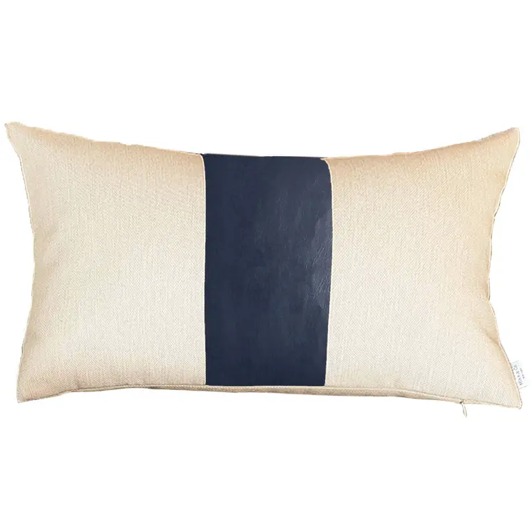 Set Of Two 12" X 20" Navy Blue and Ivory Faux Leather Zippered Pillow Cover