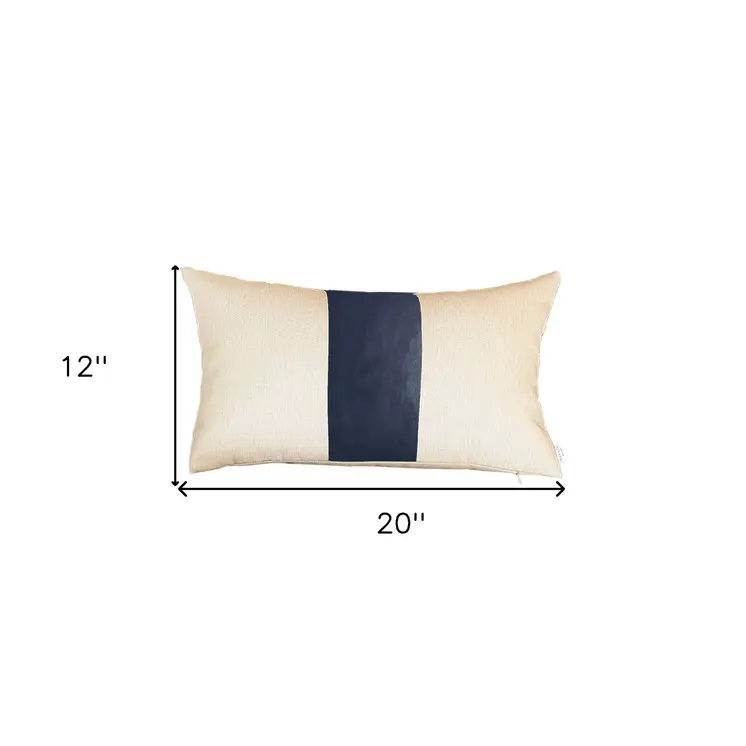 Set Of Two 12" X 20" Navy Blue and Ivory Faux Leather Zippered Pillow Cover