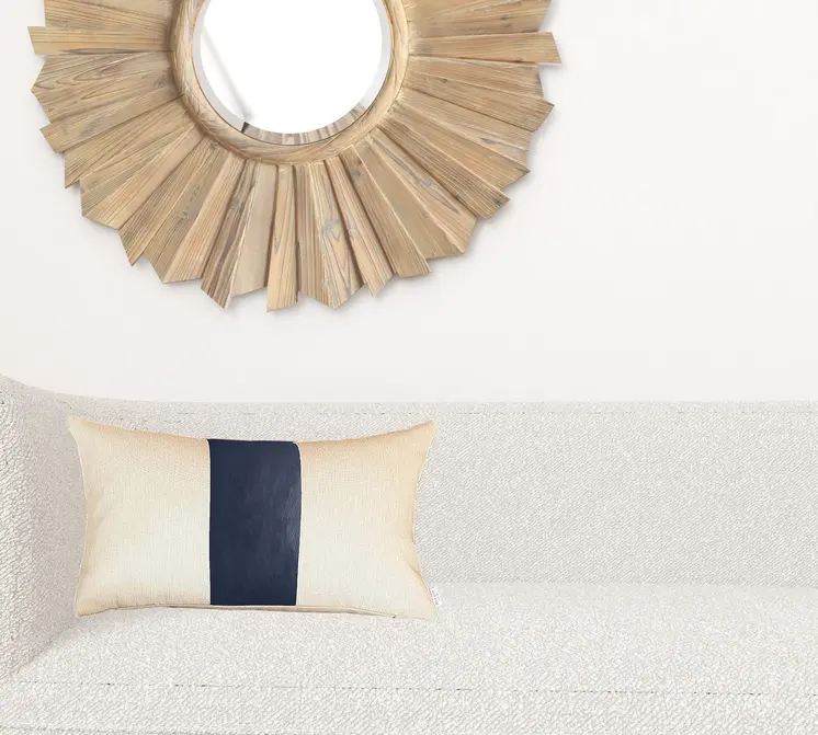 Set Of Two 12" X 20" Navy Blue and Ivory Faux Leather Zippered Pillow Cover