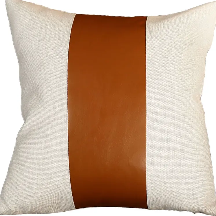 Set of Two 20" Brown And Ivory Faux Leather Throw Pillow Covers