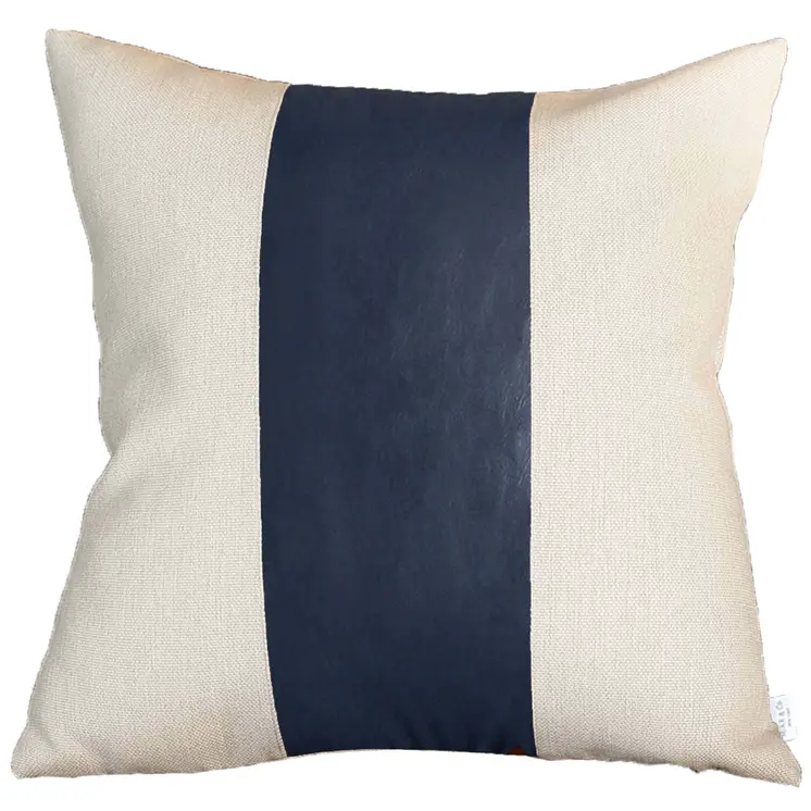 Set Of Four 17" X 17" Navy Blue and Ivory Faux Leather Zippered Pillow Cover