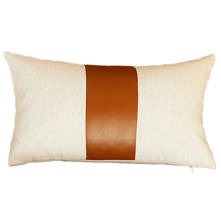 Set Of Four 18" X 18" Brown and Ivory Faux Leather Zippered Pillow